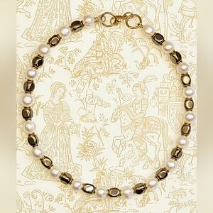 Large Genuine White Pearls W/ Hematite Nuggets In Gold Plated Necklace Choker